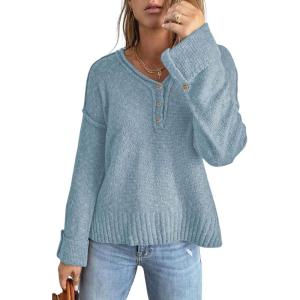 imageCHARTOU Women Chunky Knit Sweater Pullover Roll Up Long Sleeve Knitted Sweater Jersey JumperLight Blue
