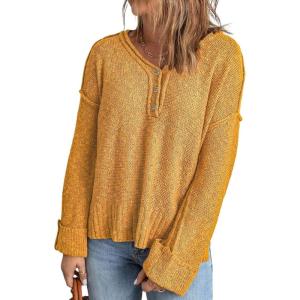 imageCHARTOU Women Chunky Knit Sweater Pullover Roll Up Long Sleeve Knitted Sweater Jersey JumperYellow