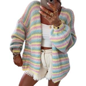 imageCHARTOU Women Contrast Color Striped Cardigan Sweater Fall Oversized Slouchy Open Front Knit Sweater JacketBlue