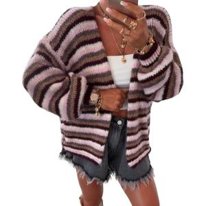 imageCHARTOU Women Contrast Color Striped Cardigan Sweater Fall Oversized Slouchy Open Front Knit Sweater JacketBrown