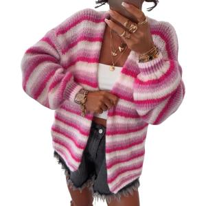 imageCHARTOU Women Contrast Color Striped Cardigan Sweater Fall Oversized Slouchy Open Front Knit Sweater JacketPink