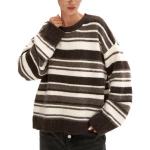 imageCHARTOU Women Contrast Striped Oversized Sweater Fall Fashion Knitted Pullover Sweater Crewneck Cute TopsBrown