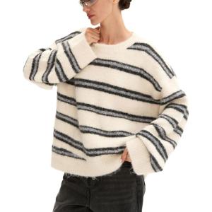 imageCHARTOU Women Contrast Striped Oversized Sweater Fall Fashion Knitted Pullover Sweater Crewneck Cute TopsCream