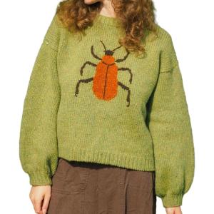 imageCHARTOU Women Fall Oversized Sweater Cute Insect Pattern Knit Pullover Sweater Crew Neck Short JumperGreen