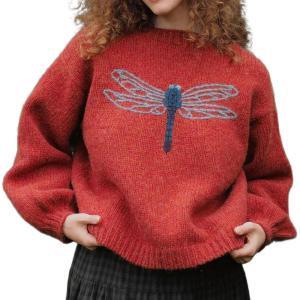 imageCHARTOU Women Fall Oversized Sweater Cute Insect Pattern Knit Pullover Sweater Crew Neck Short JumperRed