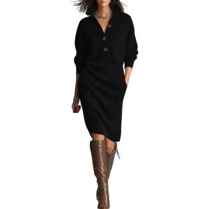 imageCHARTOU Women Fall Sweater Dress Turtleneck Half Button Casual Oversized Pullover Sweater Midi Dresses with PocketsBlack