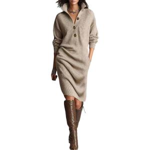 imageCHARTOU Women Fall Sweater Dress Turtleneck Half Button Casual Oversized Pullover Sweater Midi Dresses with PocketsKhaki
