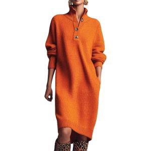 imageCHARTOU Women Fall Sweater Dress Turtleneck Half Button Casual Oversized Pullover Sweater Midi Dresses with PocketsOrange