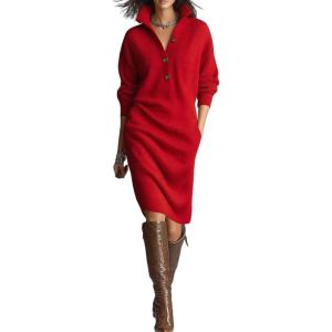 imageCHARTOU Women Fall Sweater Dress Turtleneck Half Button Casual Oversized Pullover Sweater Midi Dresses with PocketsRed