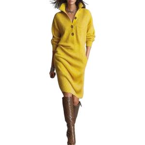 imageCHARTOU Women Fall Sweater Dress Turtleneck Half Button Casual Oversized Pullover Sweater Midi Dresses with PocketsYellow