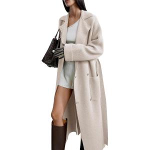 imageCHARTOU Women Long Knit Cardigan Sweater Slouchy Oversized Lapel Double Breasted Overcoat Knitwear with BeltApricot