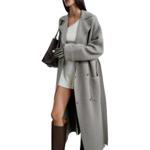 imageCHARTOU Women Long Knit Cardigan Sweater Slouchy Oversized Lapel Double Breasted Overcoat Knitwear with BeltGrey