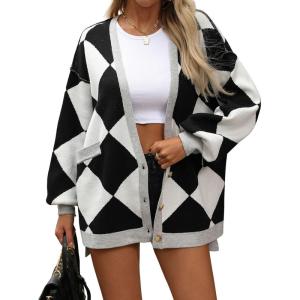 imageCHARTOU Women Oversized Sweater Diamond Checker Open Front Cardigan Loose Knitted TopsBlack