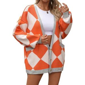 imageCHARTOU Women Oversized Sweater Diamond Checker Open Front Cardigan Loose Knitted TopsOrange