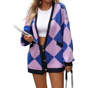 imageCHARTOU Women Oversized Sweater Diamond Checker Open Front Cardigan Loose Knitted TopsPurple