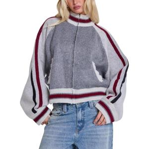 imageCHARTOU Women Stripes Crop Sweater Cardigan Fall 2025 Mock Neck Zip Up Long Sleeve Knit Outwear CoatGrey