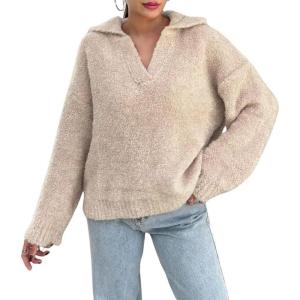 imageCHARTOU Women Warm Fuzzy Knit Sweater Polo Collar Oversized Pullover Sweater TopsApricot