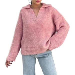 imageCHARTOU Women Warm Fuzzy Knit Sweater Polo Collar Oversized Pullover Sweater TopsPink