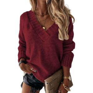 imageCHARTOU Womens Casual Fall Long Sleeve Sweater VNeck Ribbed Knitted Loose Pullover JumperBurgundy