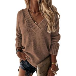 imageCHARTOU Womens Casual Fall Long Sleeve Sweater VNeck Ribbed Knitted Loose Pullover JumperCoffee