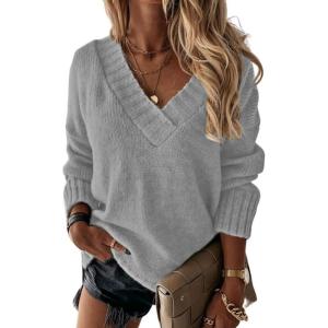 imageCHARTOU Womens Casual Fall Long Sleeve Sweater VNeck Ribbed Knitted Loose Pullover JumperGrey
