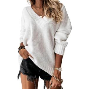 imageCHARTOU Womens Casual Fall Long Sleeve Sweater VNeck Ribbed Knitted Loose Pullover JumperWhite