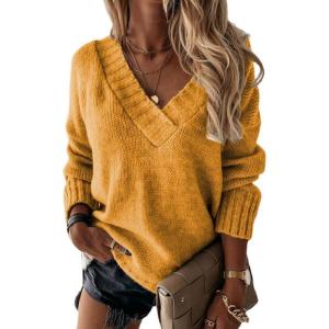 imageCHARTOU Womens Casual Fall Long Sleeve Sweater VNeck Ribbed Knitted Loose Pullover JumperYellow