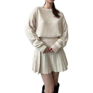 imageWomen Dressy Pleated Skirt Sets 2 Pieces Outfits Fall Knit Sweater High Waist Ruffle Mini Skirt SetsApricot
