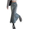 imageCHARTOU Women Casual Frayed Fishtail Denim Maxi Skirt Long Jean Skirt Mermaid Distressed Flared A Line SkirtBlue