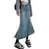 imageCHARTOU Women Casual Frayed Fishtail Denim Maxi Skirt Long Jean Skirt Mermaid Distressed Flared A Line SkirtBlue