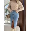 imageCHARTOU Women Distressed Bodycon Denim Skirt with Slit Irregular Frayed Jean Skirt Wrap Pencil Skirt Knee LengthBlue