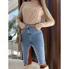 imageCHARTOU Women Distressed Bodycon Denim Skirt with Slit Irregular Frayed Jean Skirt Wrap Pencil Skirt Knee LengthBlue