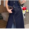 imageCHARTOU Women Front Slit Denim Maxi Skirt High Waist Floor Length Summer Beach Vacation Long SkirtDark Blue