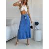 imageCHARTOU Women Patchwork Maxi Denim Skirt Vintage Distressed Hem High Waist A Line Midi Jean SkirtBlue