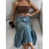 imageCHARTOU Women Patchwork Maxi Denim Skirt Vintage Distressed Hem High Waist A Line Midi Jean SkirtLight Blue