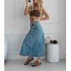 imageCHARTOU Women Patchwork Maxi Denim Skirt Vintage Distressed Hem High Waist A Line Midi Jean SkirtLight Blue