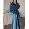 imageCHARTOU Womens Distressed Denim Skirt Set 2 Piece Outfits Fall Long Sleeve Denim Shirt Jean Maxi Long SkirtDark Blue
