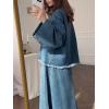 imageCHARTOU Womens Distressed Denim Skirt Set 2 Piece Outfits Fall Long Sleeve Denim Shirt Jean Maxi Long SkirtDark Blue