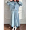imageCHARTOU Womens Distressed Denim Skirt Set 2 Piece Outfits Fall Long Sleeve Denim Shirt Jean Maxi Long SkirtLight Blue