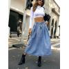 imageCHARTOU Womens Washed Jean High Waist Pleated ALine Flared Calf Length Denim Skirt with PocketsLight Blue