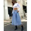 imageCHARTOU Womens Washed Jean High Waist Pleated ALine Flared Calf Length Denim Skirt with PocketsLight Blue