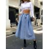 imageCHARTOU Womens Washed Jean High Waist Pleated ALine Flared Calf Length Denim Skirt with PocketsLight Blue