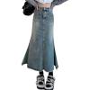 imageCHARTOU Women Casual Frayed Fishtail Denim Maxi Skirt Long Jean Skirt Mermaid Distressed Flared A Line SkirtBlue