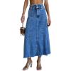 imageCHARTOU Women Patchwork Maxi Denim Skirt Vintage Distressed Hem High Waist A Line Midi Jean SkirtBlue