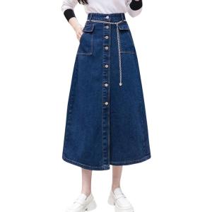 imageCHARTOU Button Down Long Jean Skirt for Women Denim Skirt High Waist Midi A Line Skirt with PocketsBlue