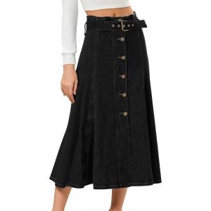 imageCHARTOU Vintage Long Denim Skirt for Women BackElastic ALine Long Jean Skirt with BeltBlack