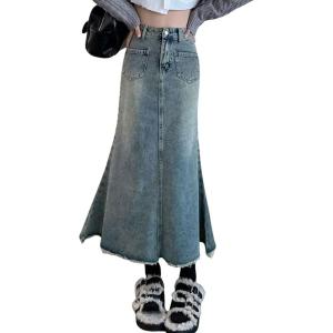 imageCHARTOU Women Casual Frayed Fishtail Denim Maxi Skirt Long Jean Skirt Mermaid Distressed Flared A Line SkirtBlue