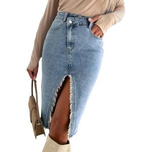 imageCHARTOU Women Distressed Bodycon Denim Skirt with Slit Irregular Frayed Jean Skirt Wrap Pencil Skirt Knee LengthBlue