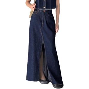 imageCHARTOU Women Front Slit Denim Maxi Skirt High Waist Floor Length Summer Beach Vacation Long SkirtDark Blue