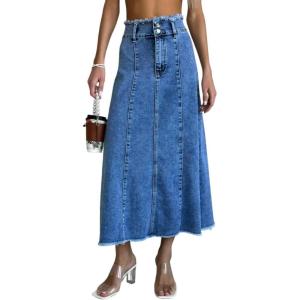 imageCHARTOU Women Patchwork Maxi Denim Skirt Vintage Distressed Hem High Waist A Line Midi Jean SkirtBlue